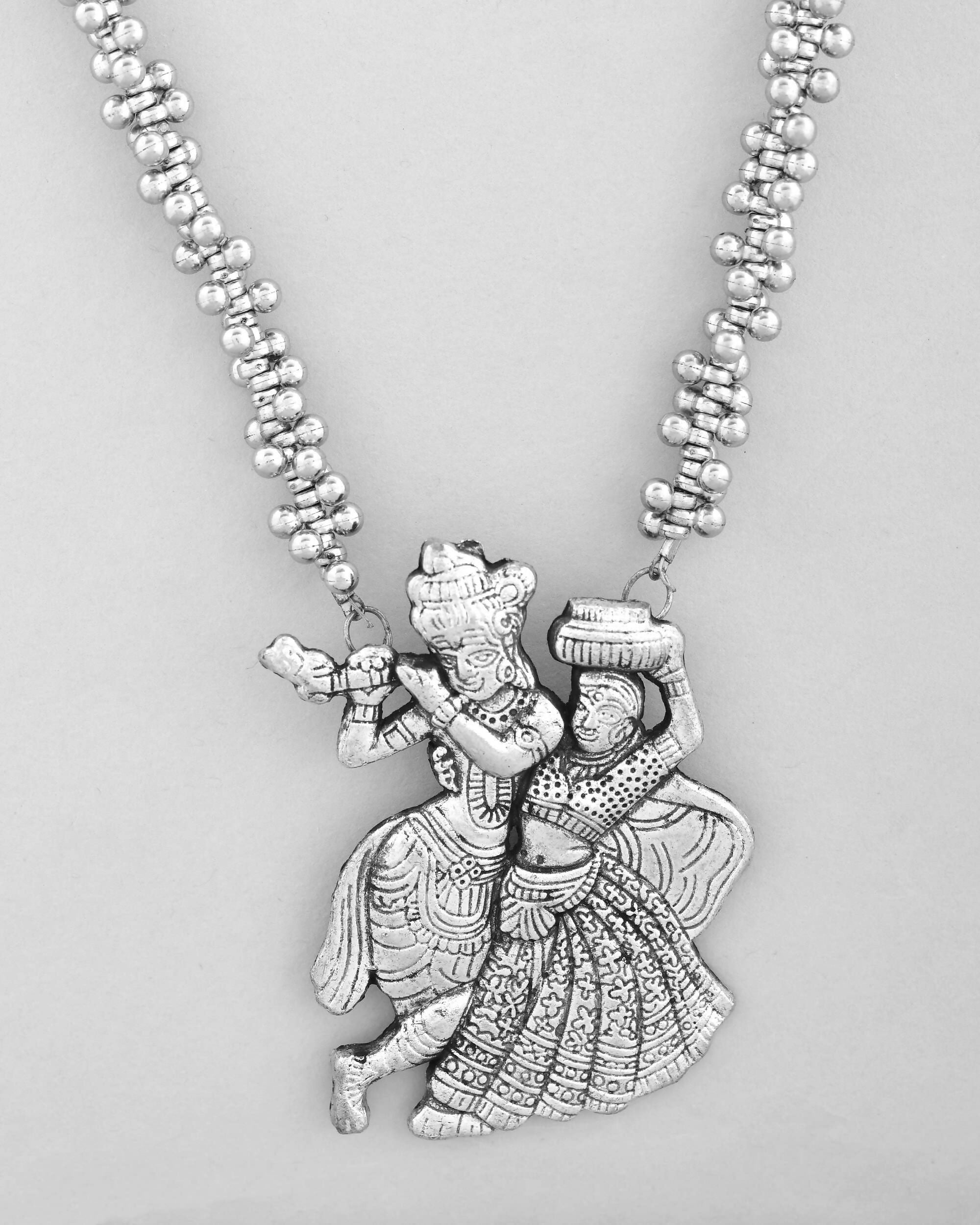 VOJ Silver Plated Oxidized Kanha Shape Long Necklace with Earring Set