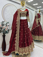 Teeya Creation Maroon Color Fendy Satin Heavy Embroidery Work Wedding Wear Stitched Lehenga Choli - Distacart