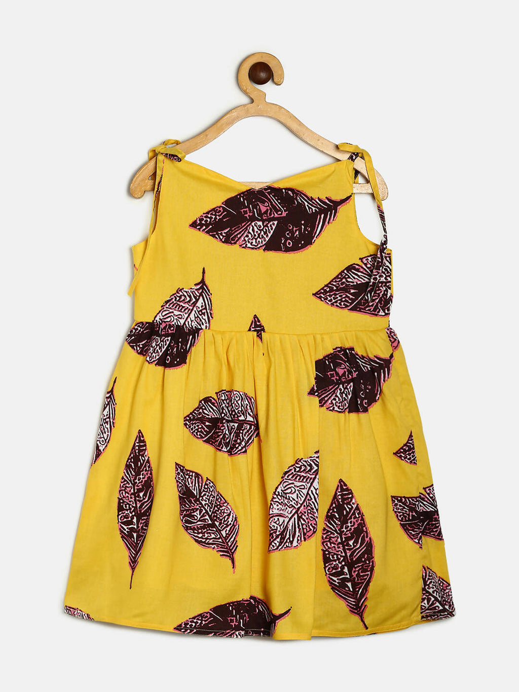 Manet Girls Cotton String Tie Frock Brown Leaf Printed - Yellow