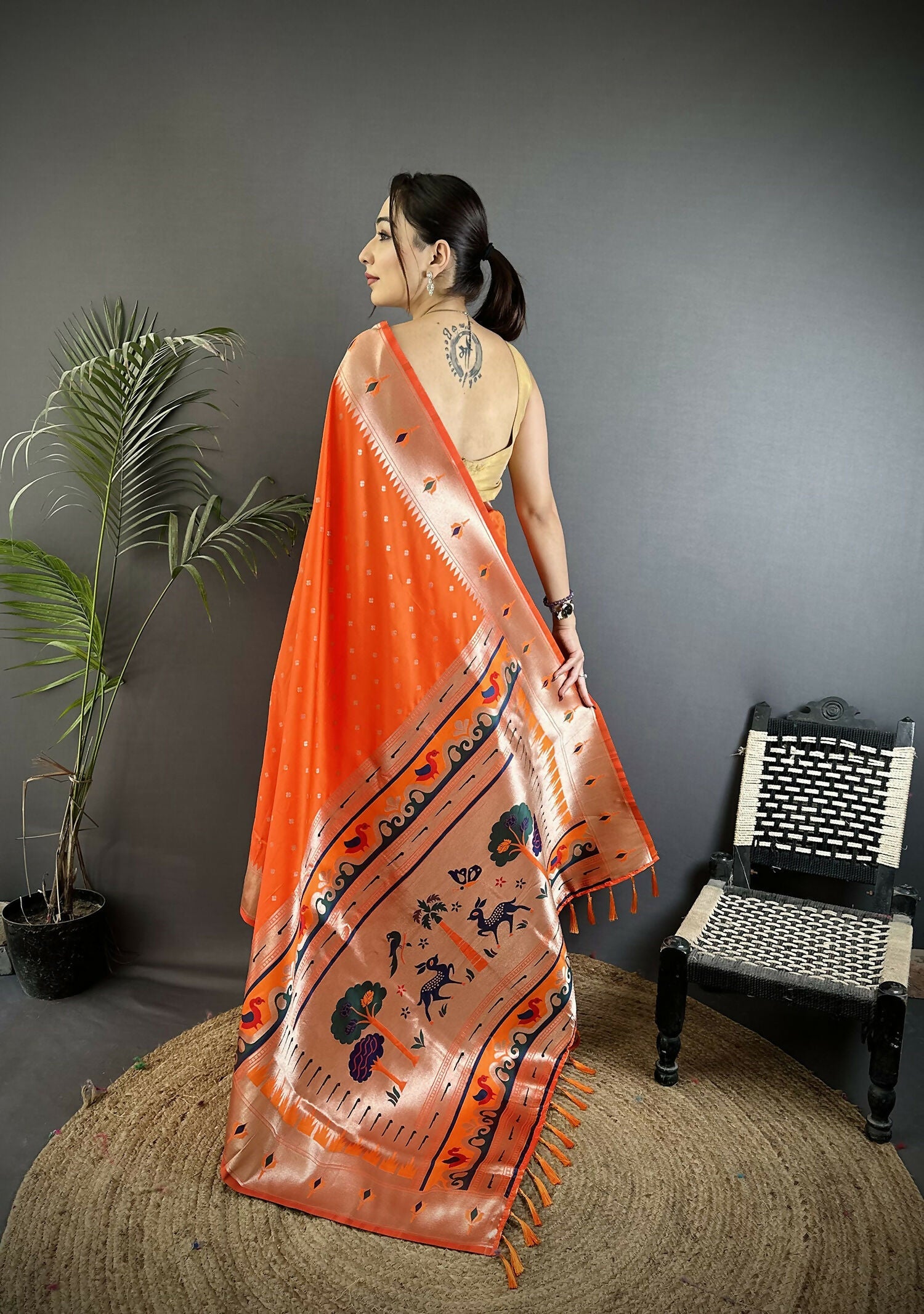 Joban Fashion Orange Peacock & Floral Motifs Soft Lichi Silk Kanchipuram Saree - Distacart