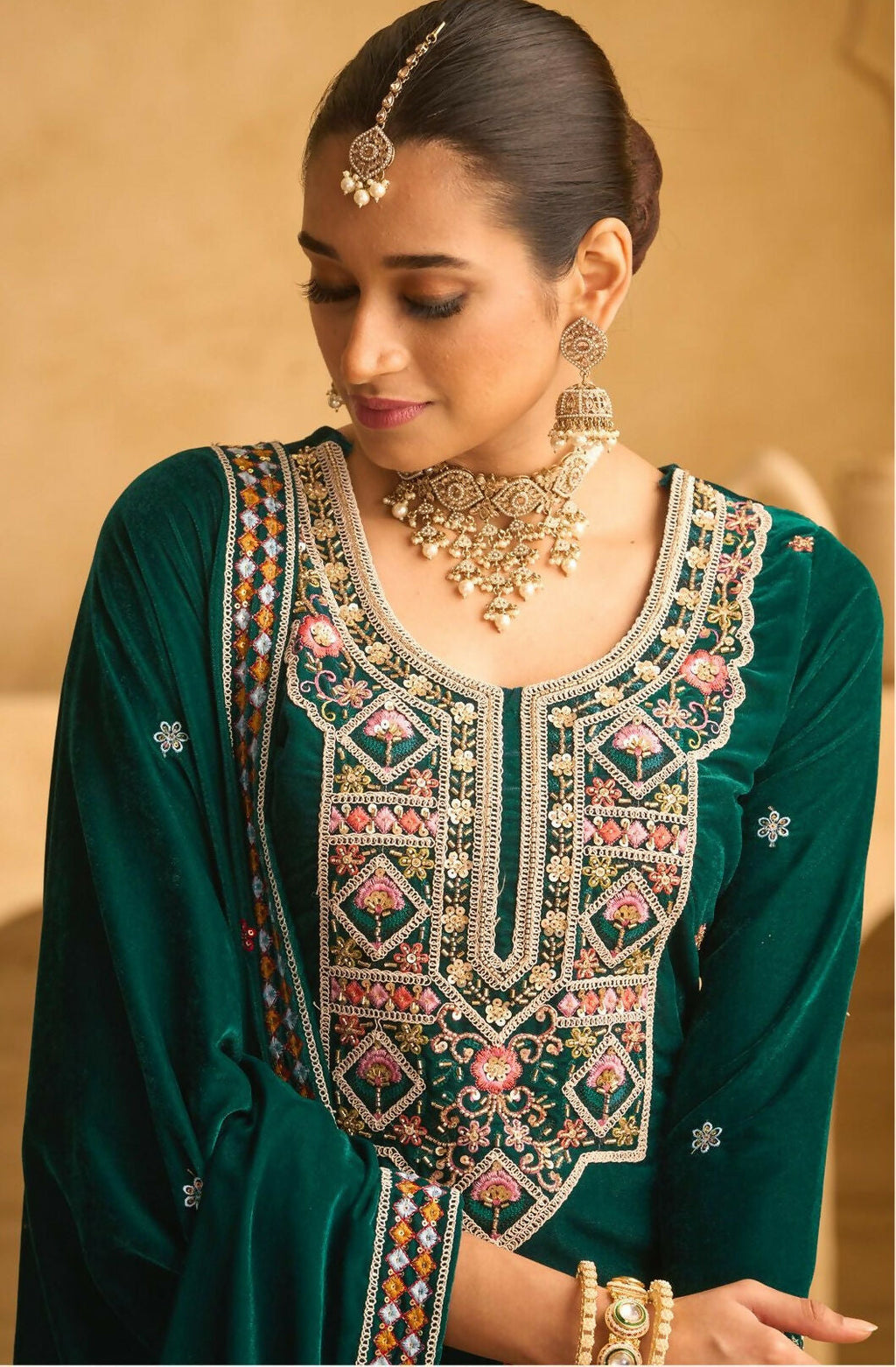 Anaita Green Embroidered with beads Velvet Stitched Plazo Suit - Distacart