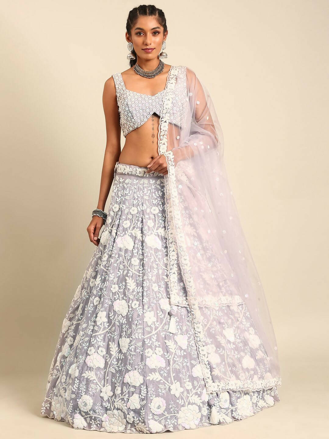 House of Panchhi Mauve Chinon Sequins and Zarkan embroidery Lehenga choli & Dupatta