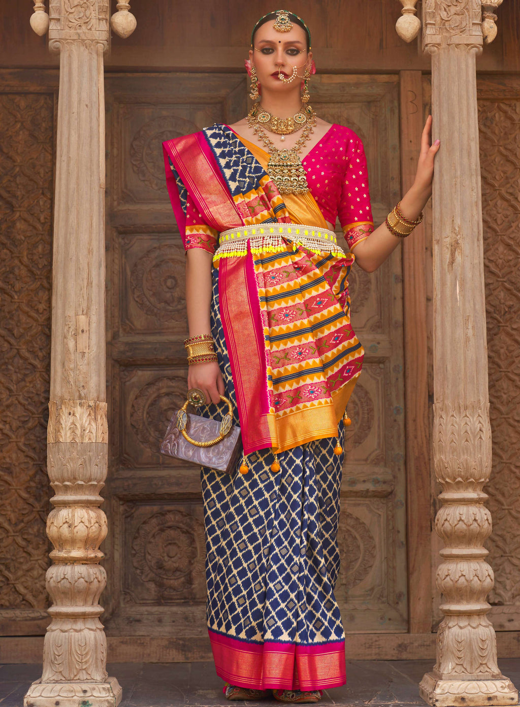 Navy Blue Silk Geometric Printed Saree With Unstitched Blouse Piece - Aanchal