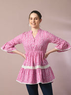 Myshka Women's Pink Embellished Cotton Gathered Party Empire Top