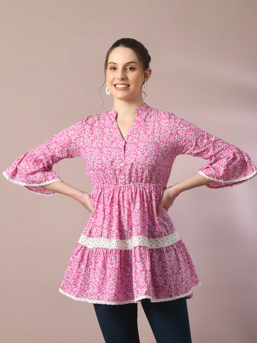 Myshka Women's Pink Embellished Cotton Gathered Party Empire Top