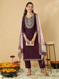 The52 Women's Beautiful Chanderi Silk Fabric Embroidery Work Straight Kurta Pant and Dupatta Set - Distacart