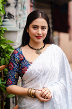 White Poly Silk Ethnic Motifs Saree with Unstitched Blouse - A2M