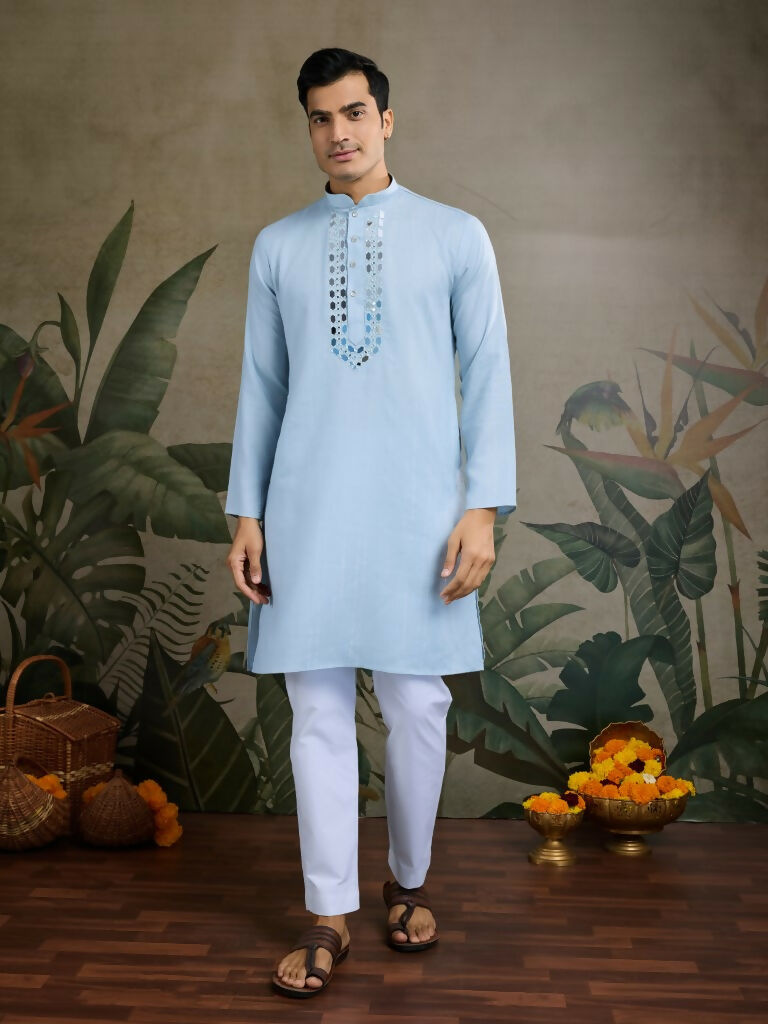 Vastranavya Sky Blue Exclusive Viscose Silk Festival Wear Real Mirror Work Kurta with Dupatta