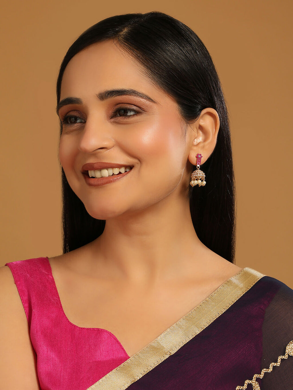 Nuyug 22K Gold Plated Pearl 7 Colored Stone Studded Contemporary Shaped Pink Mini Jhumkas - Distacart