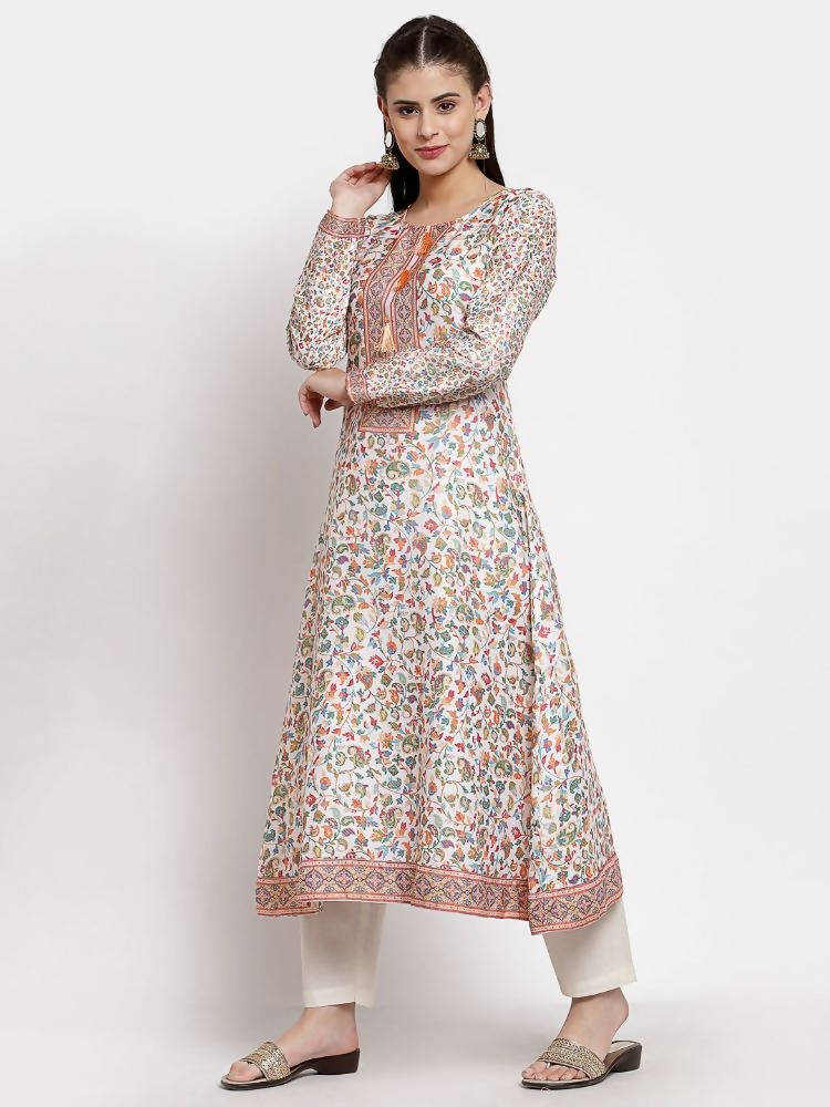 Myshka Women's Multi Cotton Printed Full Sleeve Round Neck Casual Kurta
