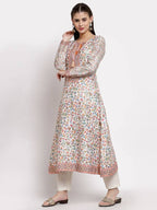 Myshka Women's Multi Cotton Printed Full Sleeve Round Neck Casual Kurta