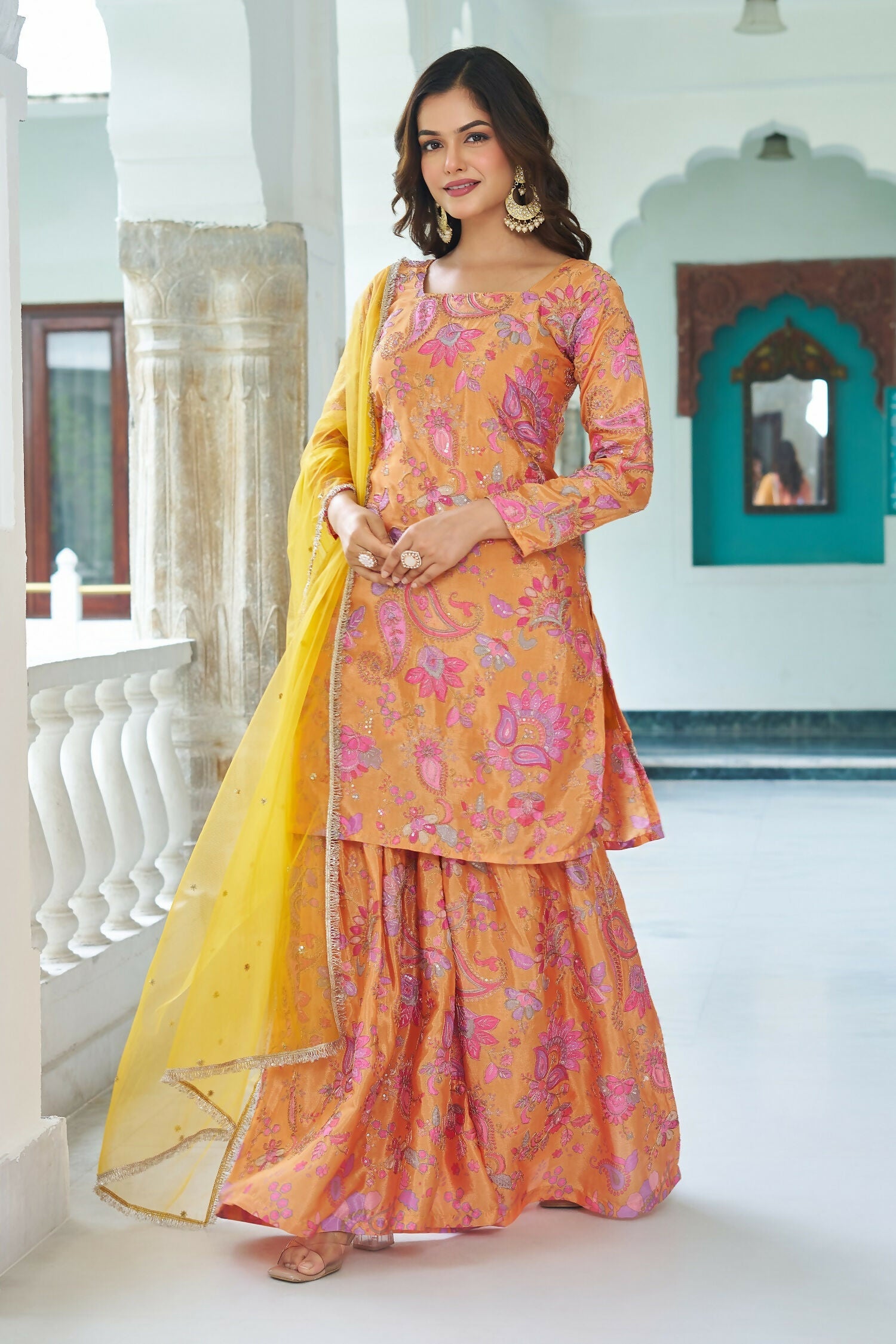 Joban Fashion Yellow Kurta Set Chinnon Embroidery Sequence Work - Distacart
