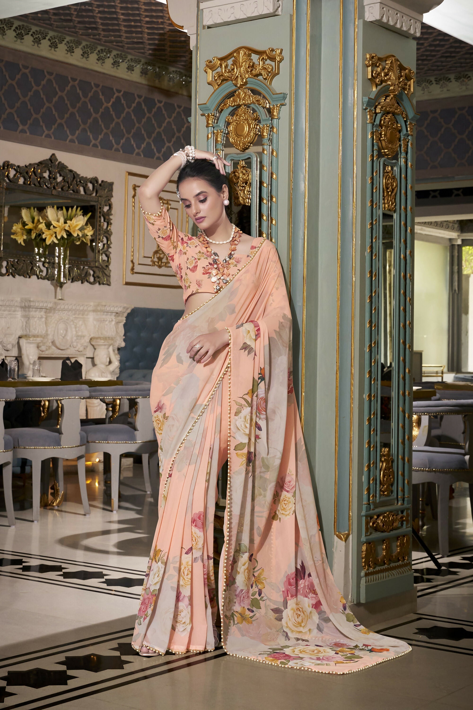 Vastranavya Peach Spectacular Georgette Printed with Pearl Lace Saree with Unstitched Blouse - Distacart