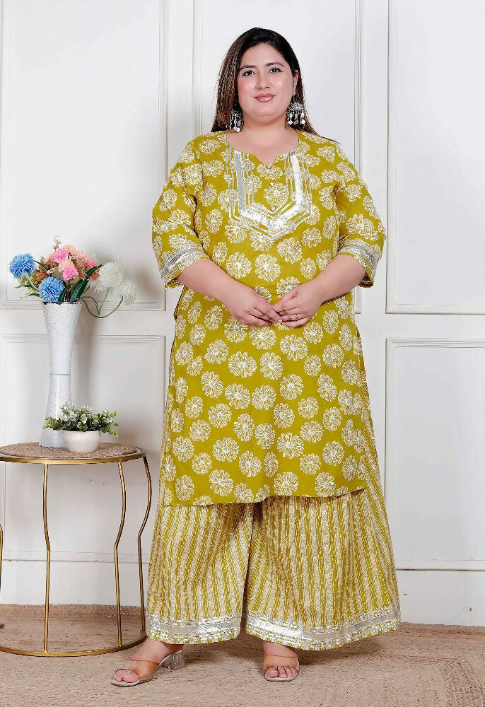Miravan Plus Size Women'S Lime Yellow Block Printed Kurta With Palazzo - Distacart