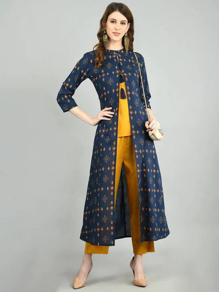Myshka Women Navy Blue Cotton Printed Shrug, Top And Pant Set
