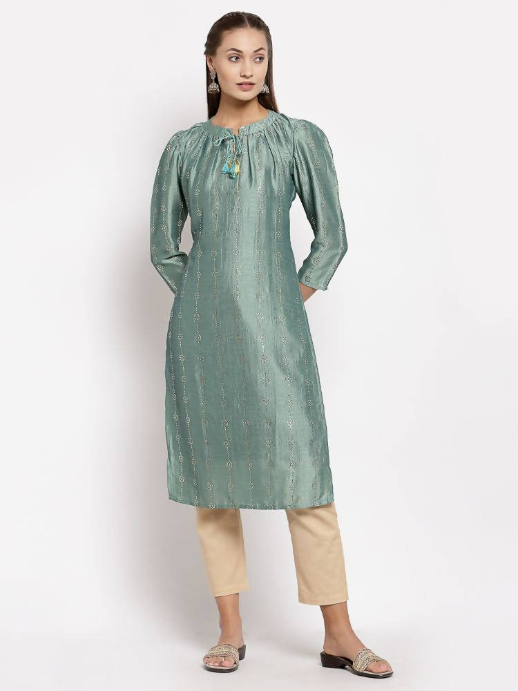 Myshka Women's Green Silk Solid Full Sleeve Round Neck Casual Kurta