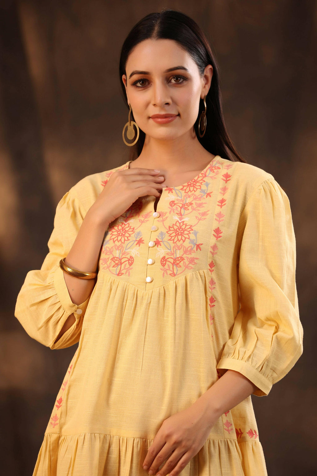Juniper Women's Yellow Cotton Slub Solid Embroidered Tiered Dress - Distacart