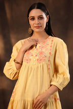 Juniper Women's Yellow Cotton Slub Solid Embroidered Tiered Dress - Distacart