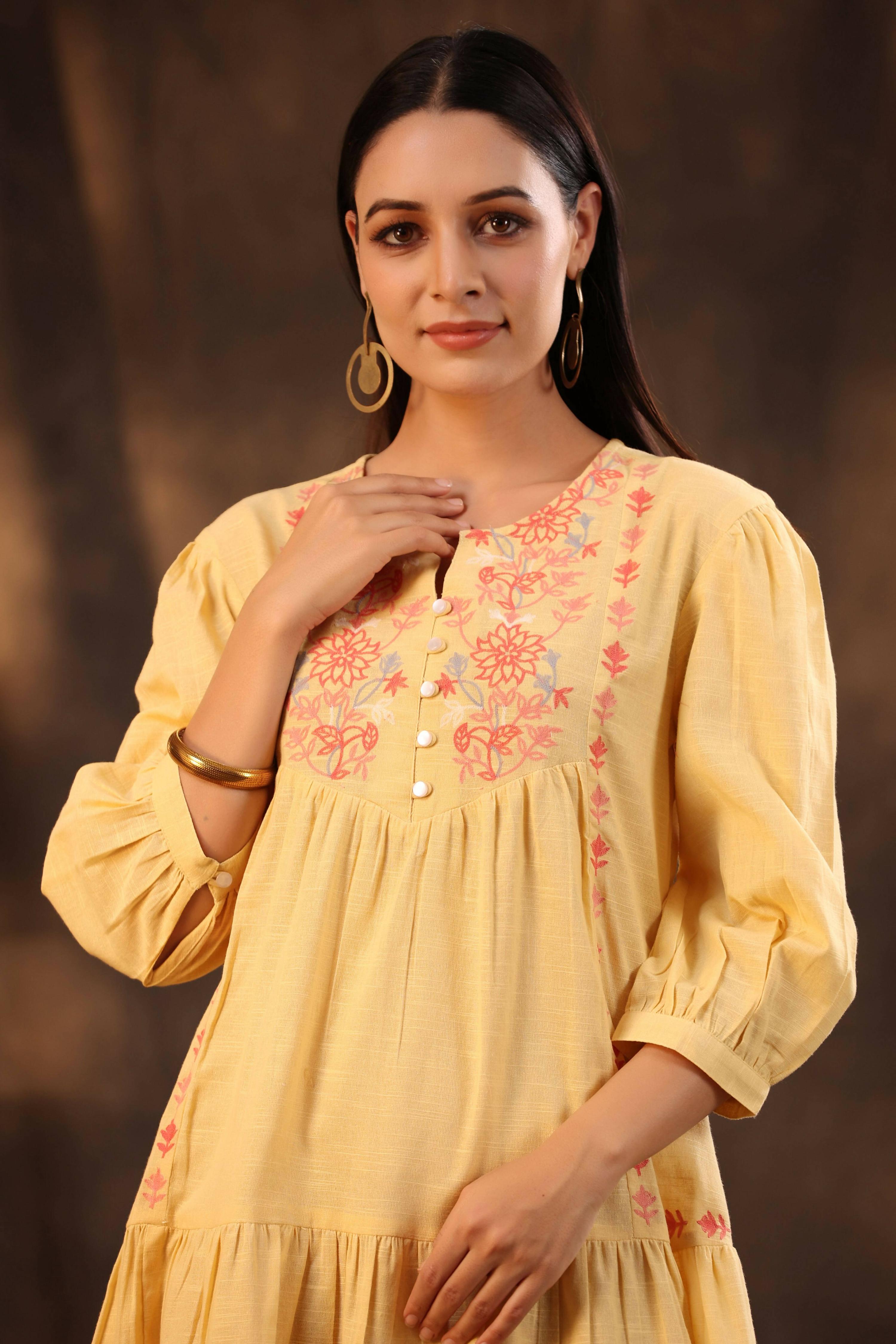 Juniper Women's Yellow Cotton Slub Solid Embroidered Tiered Dress - Distacart