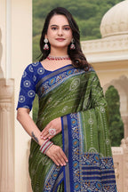Prime Volt Women's Green & Blue Printed Mal Cotton Saree with Designer Blouse Piece - Distacart