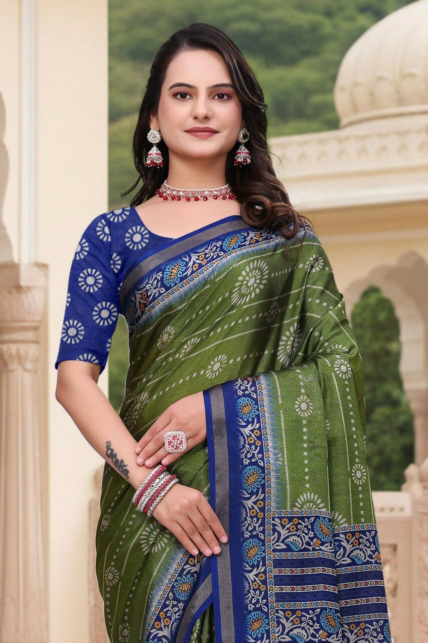 Prime Volt Women's Green & Blue Printed Mal Cotton Saree with Designer Blouse Piece - Distacart