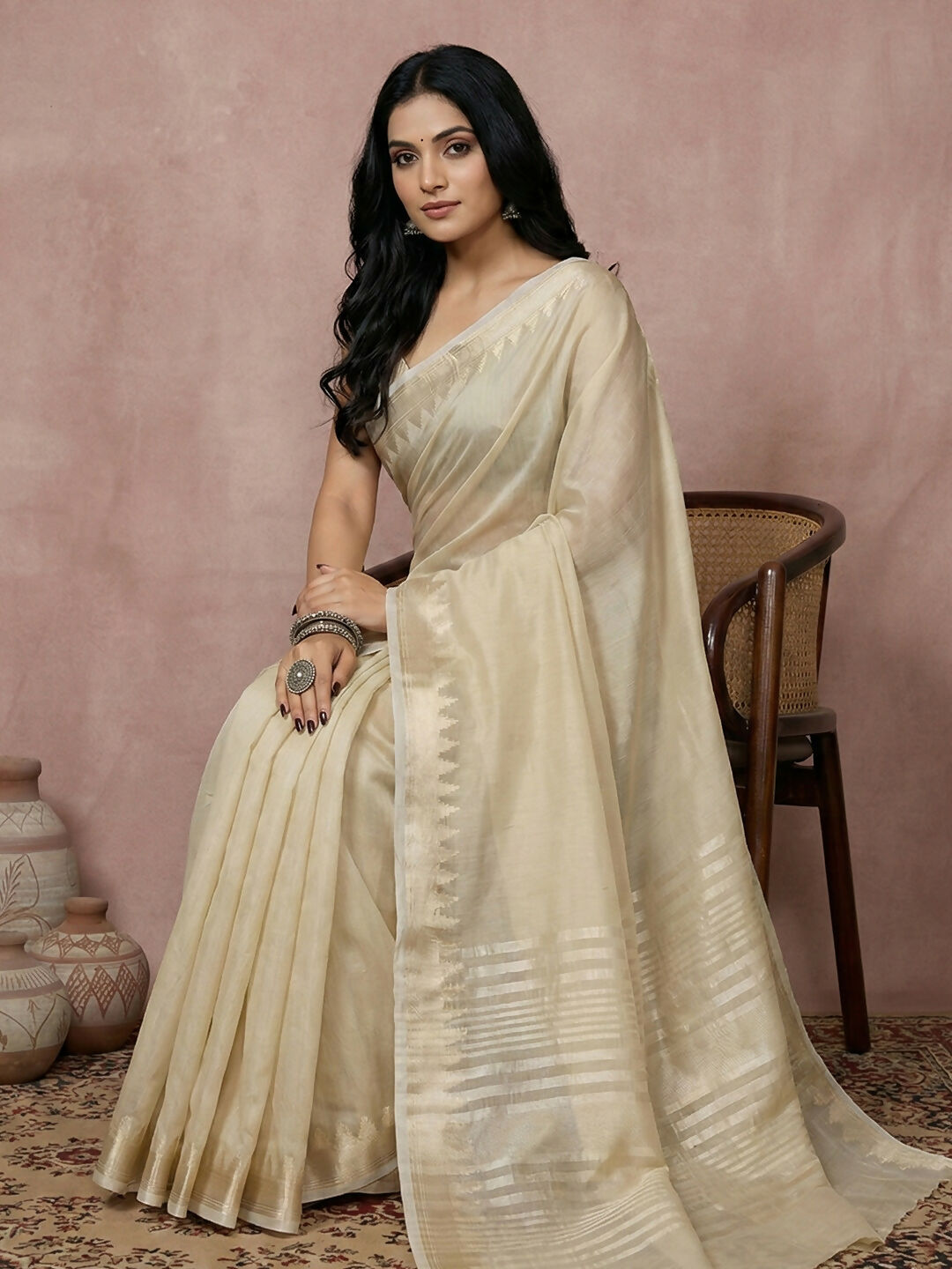 Shree Shyam Fashion Cream Cotton Saree - Distacart