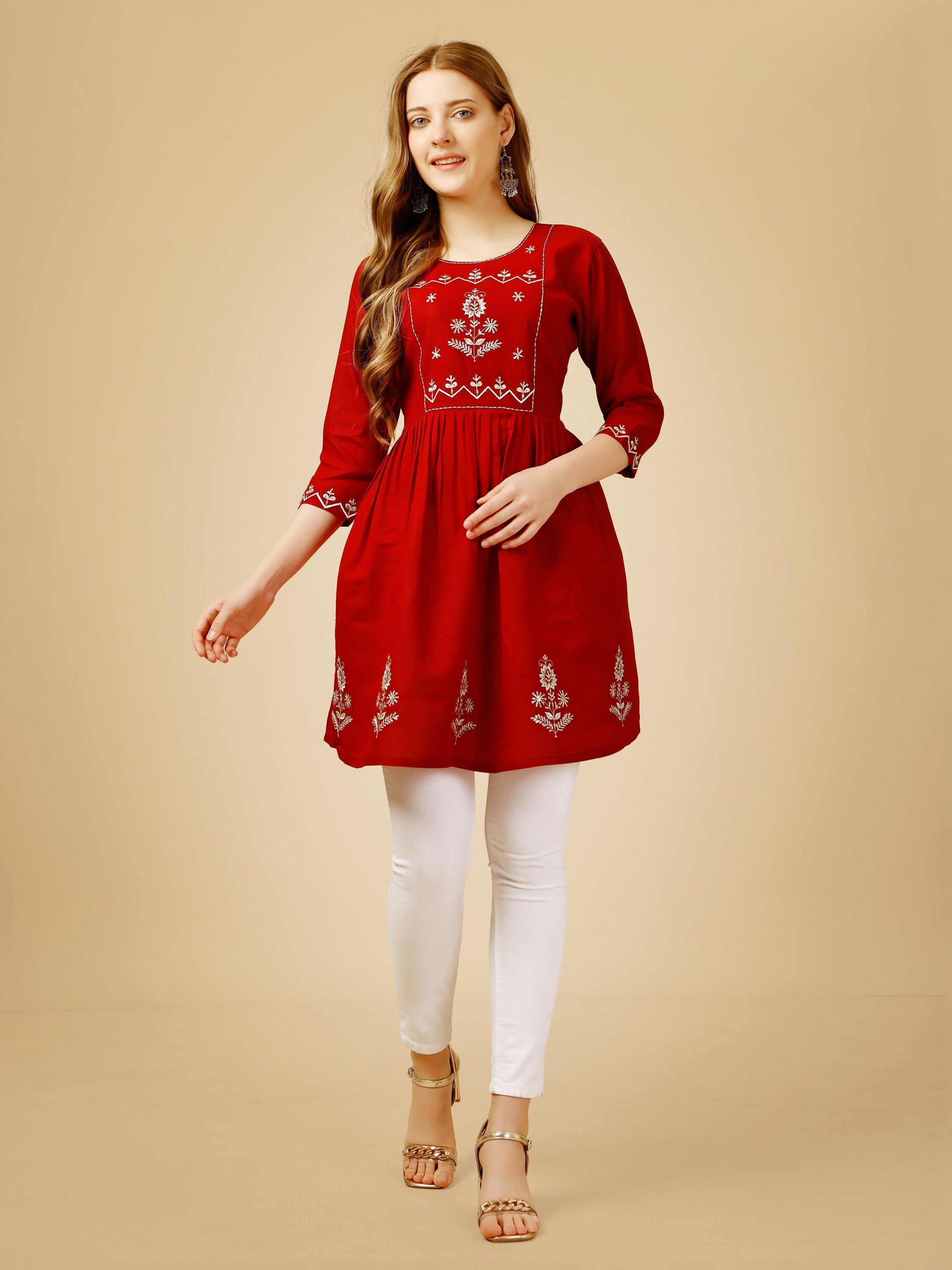 Jyoti Fashion Women's Red Viscose Rayon Embroidered Casual Top