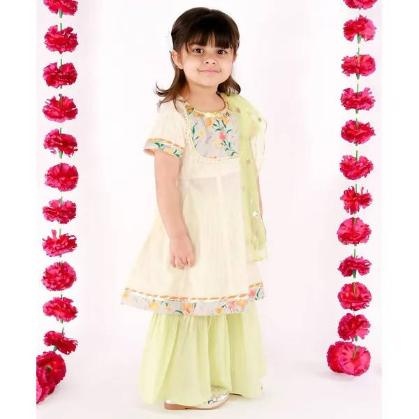 Little Bansi Girls Green Sikka work Gold strip Kurta Frock with sharara and Dupatta