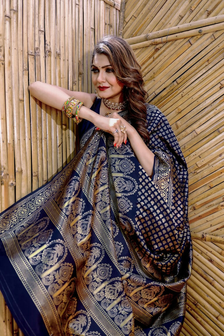 Partywear Designer Dark Blue Banarasi Silk Fancy Saree - Starwalk