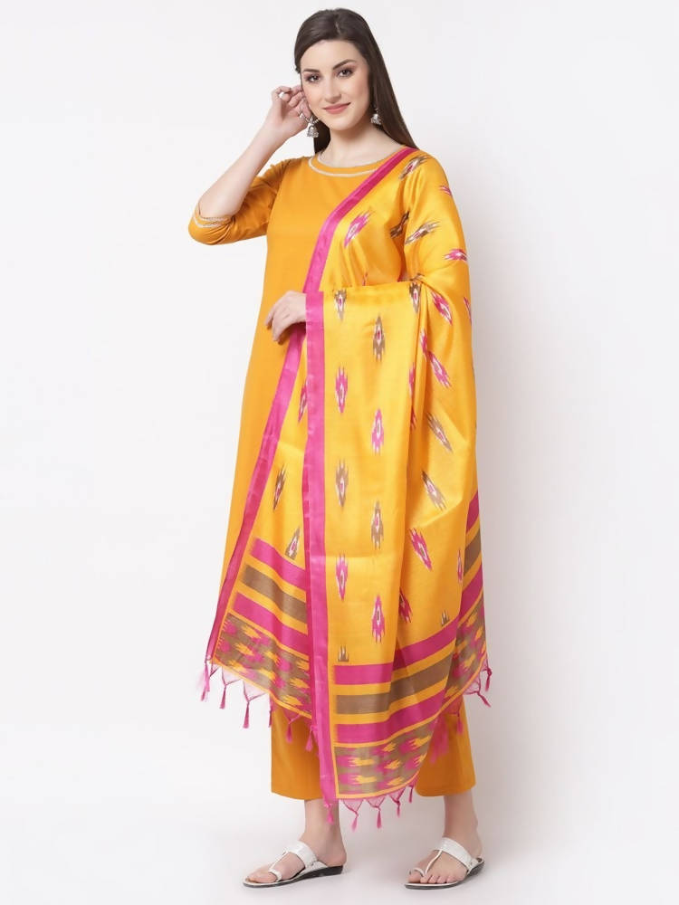 Myshka Mustard Color Cotton Solid Kurta With Pant Dupatta Set