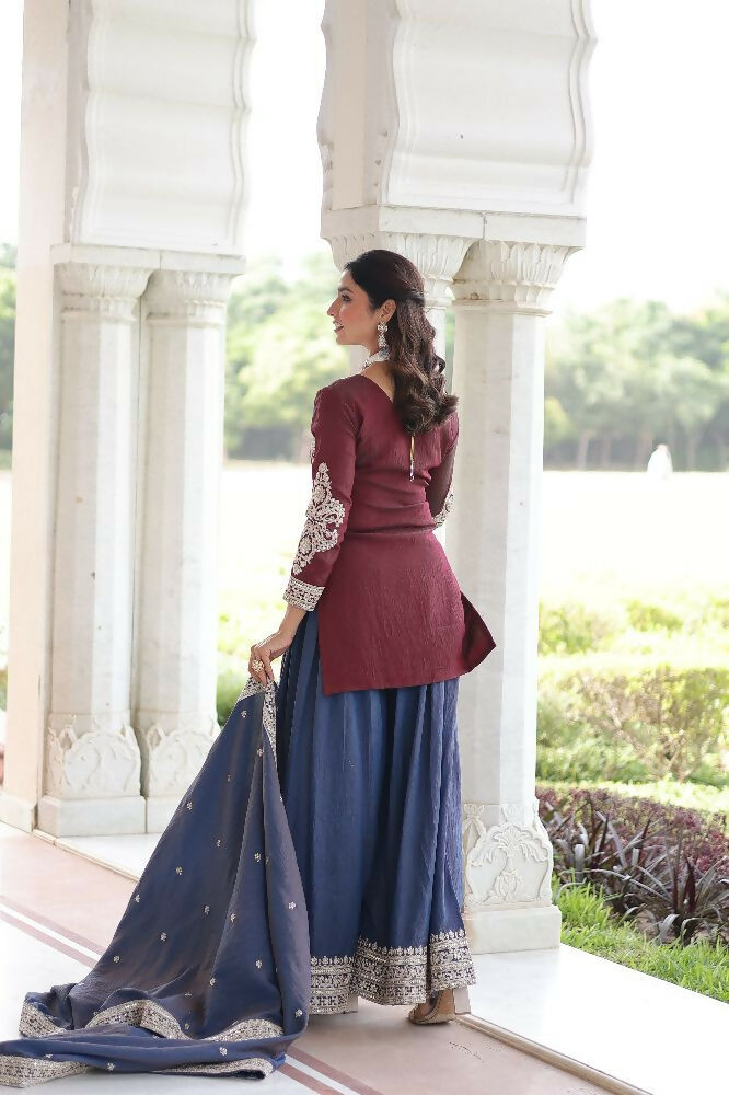 Joban Fashion Maroon Kurta Set Silk Sequins , Zari, Coding & Thread Embroidered work - Distacart