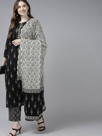 Yufta Women Black Ikat Printed Pure Cotton Kurta with Palazzo and Dupatta
