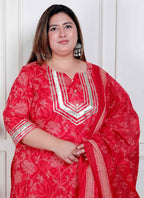 Miravan Plus Size Red Floral Print Embroidered Cotton Straight Kurta With Palazzo & Dupatta - Distacart