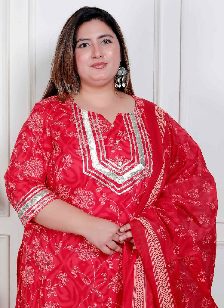 Miravan Plus Size Red Floral Print Embroidered Cotton Straight Kurta With Palazzo & Dupatta - Distacart