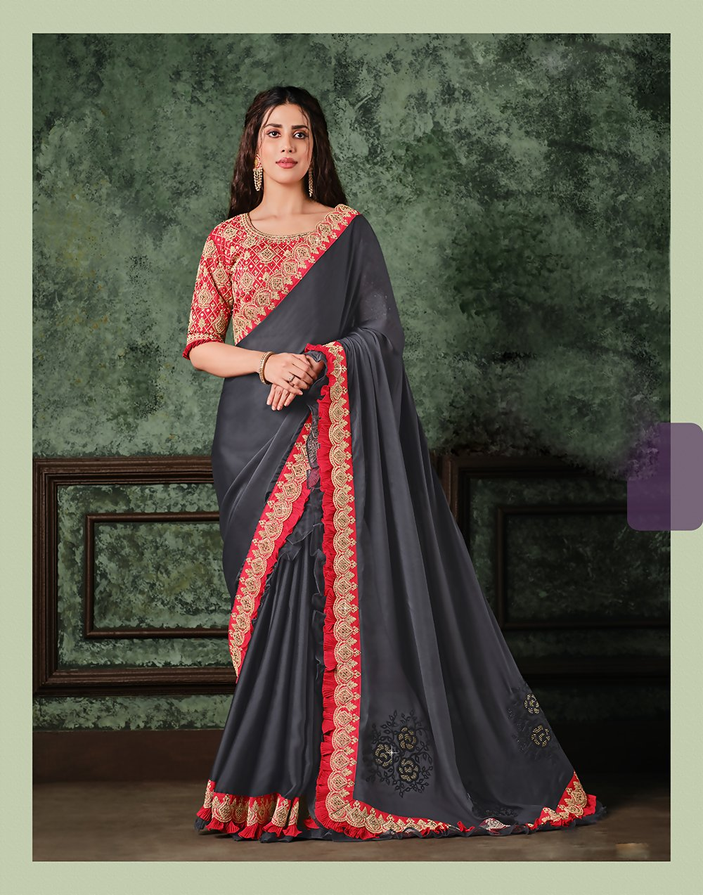 Grey Silk Georgettecord And Sequins Embroidery Saree - Norita Hit