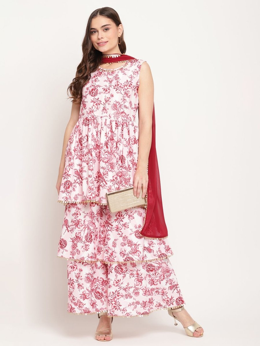 Ahalyaa Women's Pink Rayon Digital Floral Print Kurta Sharara Set with Dupatta