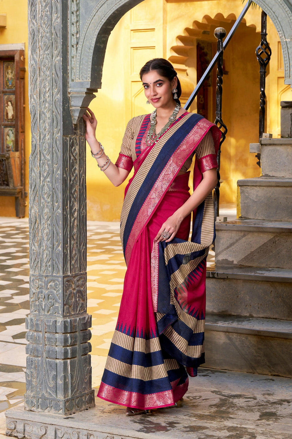 Vastranavya Pink Printed with Zari Weaving Work Poly Cotton Saree & Unstitched Blouse - Distacart