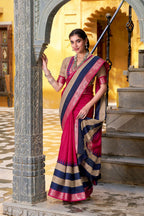 Vastranavya Pink Printed with Zari Weaving Work Poly Cotton Saree & Unstitched Blouse - Distacart