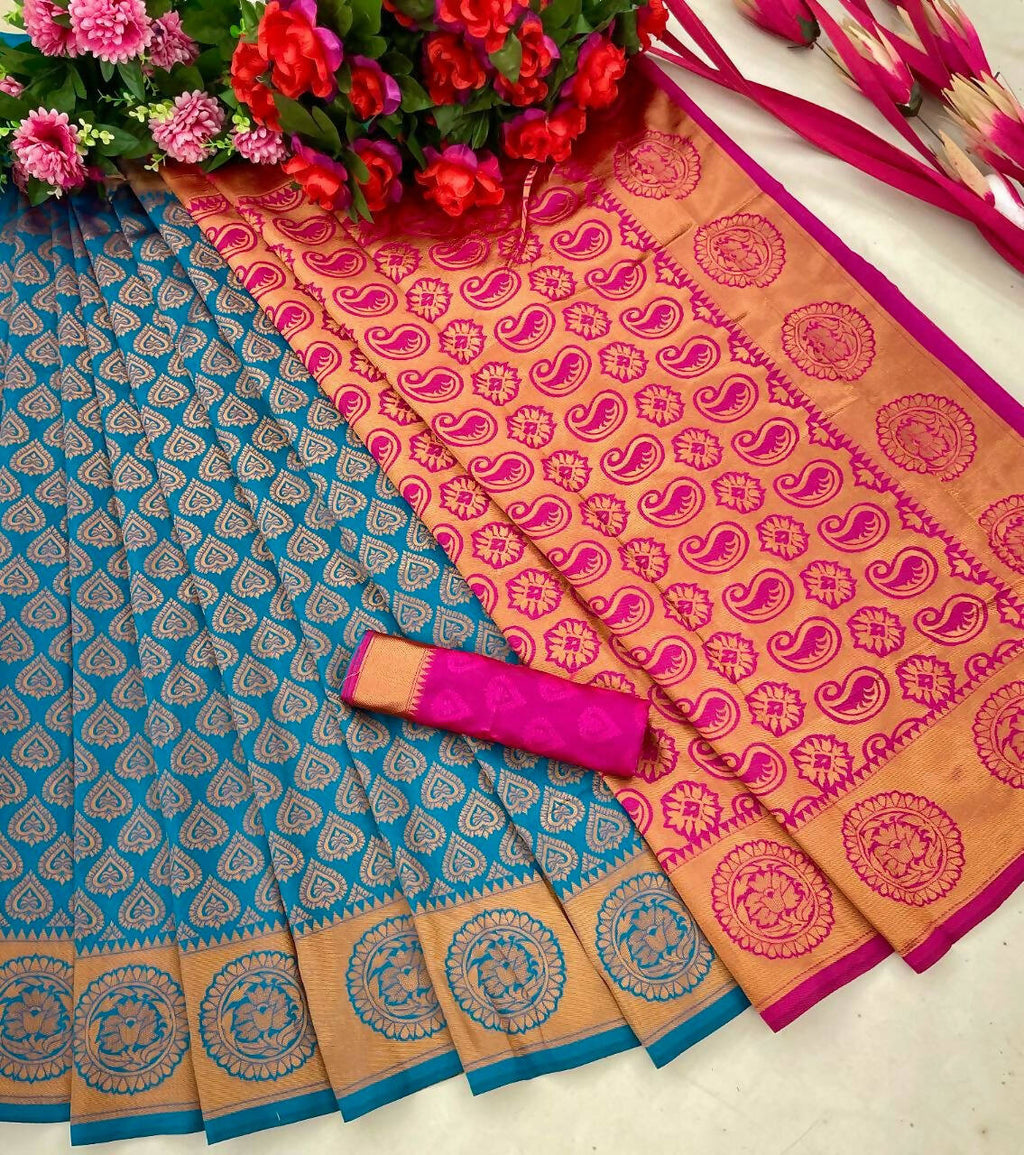 DEIANA'S Beautiful Designer Golden zari Soft Lichi Silk Saree - Blue