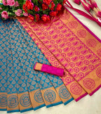 DEIANA'S Beautiful Designer Golden zari Soft Lichi Silk Saree - Blue