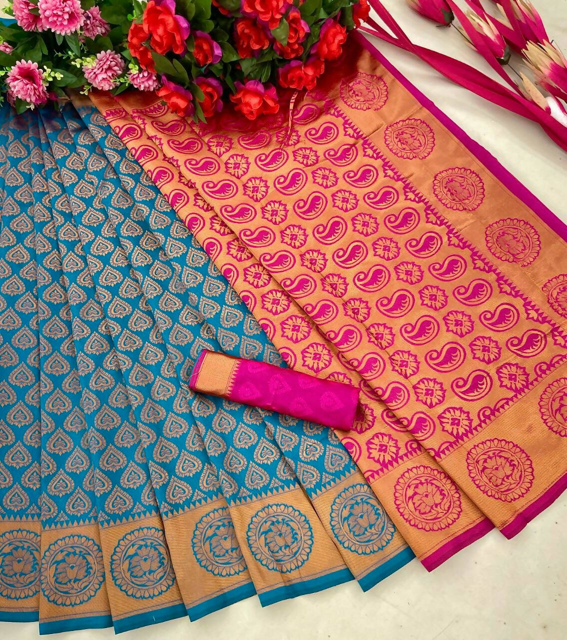 DEIANA'S Beautiful Designer Golden zari Soft Lichi Silk Saree - Blue