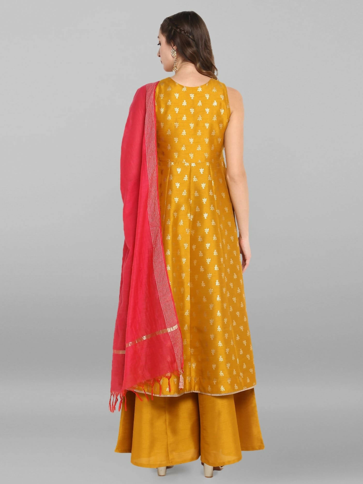 Janasya Women's Mustard Rayon Foil Print Kurti With Palazzo - Distacart