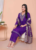 Miravan Womens Purple Muslin Straight Kurta And Palazzo With Dupatta Suit Set - Distacart
