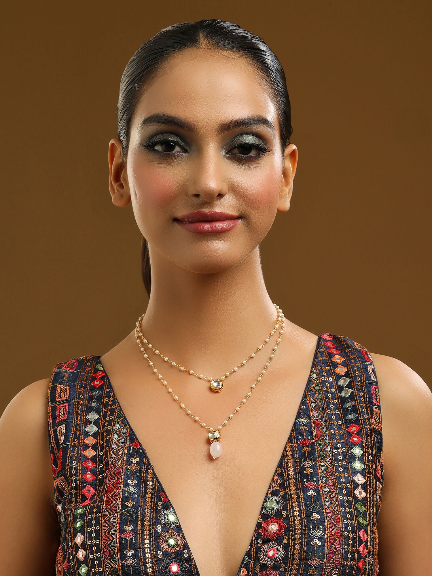 Ruby Raang Pink Onyx and Kundan Necklace