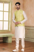 Raivat Ethnic Jacquard Banarasi Silk Woven Work 3 Pics Jacket Set In Lemon Colour - Distacart