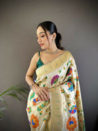 Joban Fashion Off-White  Zari Woven Floral Motifs Soft Silk Paithani Silk Saree - Distacart