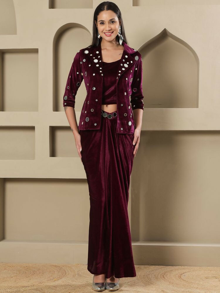 Joban Fashion Women Wine Velvet Hand Embellishment Stitched Dress - Distacart