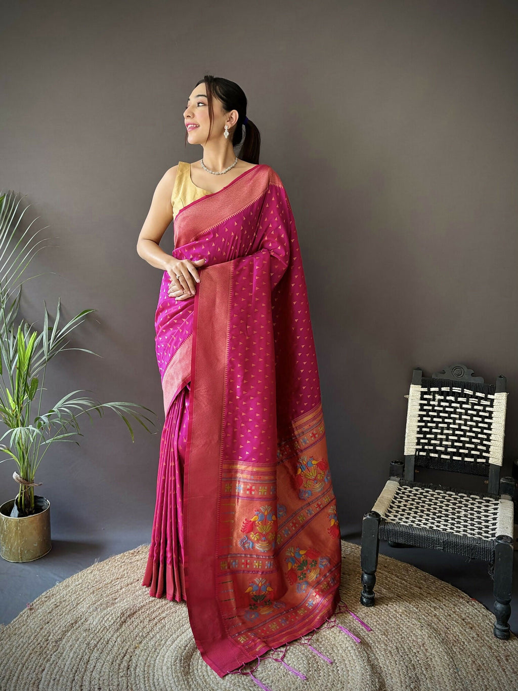 Joban Fashion Rani Pink Jacquard Butti Soft Lichi Silk Paithani Saree - Distacart