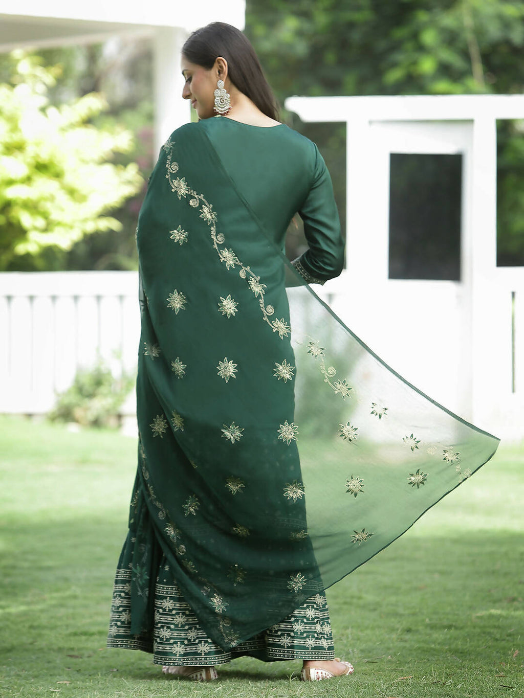 Juniper Green Mono Viscose Festive Wear Printed Straight Kurta Sharara Dupatta Set - Distacart