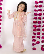 Little Bansi Girls Brown Tussel work Schiffli Kurta Frock with Plazzo and Dupatta